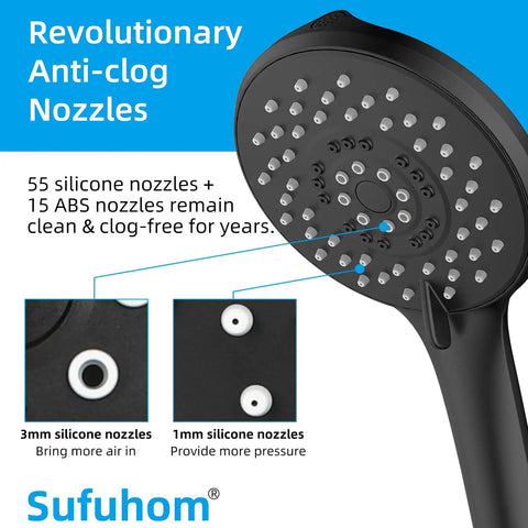 High Pressure 5 Function Handheld Shower Head With 70 Inch Stainless Steel Hose Matte Black anti-clog nozzles detail