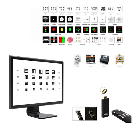 Visual Acuity Eye Chart For Optometry Snellen And Tumbling E With Randomize And Mirror Modes Plug And Play On Any TV Or Monitor No PC Required Auto Calibration HDMI Ready 4K Compatible RF Remote Included