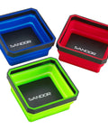 Collapsible Magnetic Parts Tray Set Pack of 3 4.25 Inch Square Tool Trays For Screws Bolts Nuts Washers Pins And Small Metal Parts Must Have Non Marring Rubber Magnet In Red Blue Green, showing red, blue, and green trays