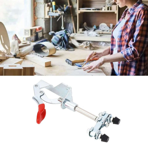 Dual Head Toggle Clamp Heavy Duty 45Kg Clamping Force 30mm Stroke M4x25 Screw with red handle in workshop setting