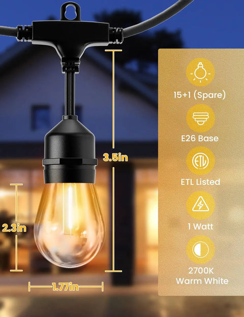 Outdoor LED String Lights 50Ft With 16 Shatterproof S14 Bulbs, 1W E26 Dimmable hanging bulb with measurements and features.