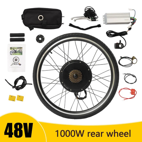 26 Inch 48V 1000W Rear Wheel Hub Motor Electric Bike Conversion Kit with installation parts and accessories, top view.