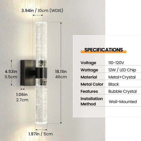 Modern Black Crystal LED Bathroom Sconce 18 Inch Wall Light Fixture 4000K Vanity Light Vertical And Horizontal Mount