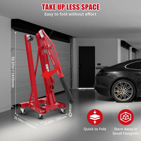 2 Ton Cherry Picker Engine Hoist Folds Flat To Save Bay Space Rolls Smooth On Six Heavy Duty Casters Includes Hand Pump For Garage Crew Auto Projects 4400 Lb with dimensions visible in garage.