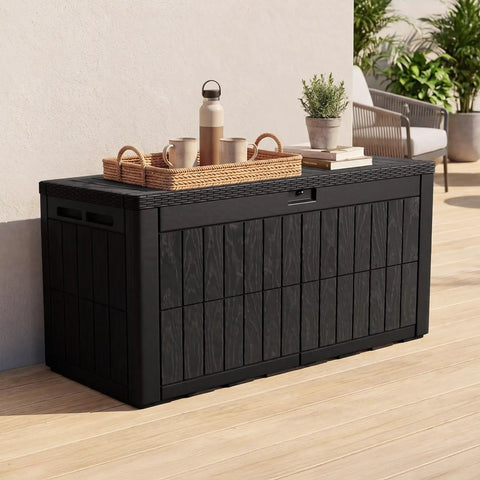 Huge 120 Gallon Resin Deck Box Weatherproof Outdoor Storage Bench Heavy Duty Lockable Container For Garden Tools Pool Gear Cushions and Patio Furniture Accessories