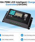 10A PWM LCD charge controller for solar panel kit, black with multiple ports, overcharging and discharge protection features