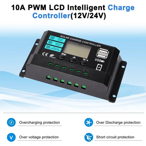 10A PWM LCD charge controller for solar panel kit, black with multiple ports, overcharging and discharge protection features