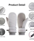 Winter Women Ski Mittens Waterproof Windproof Warm Touch Screen Snow Mitts Anti Slip Snowboard Gloves with features labeled