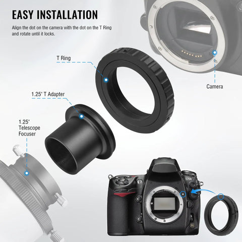 T Mount Telescope Camera Adapter For Nikon SLR And DSLR Bodies 1 25 Inch Connection With T2 Ring setup instruction diagram