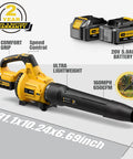 Cordless Leaf Blower 650 CFM With 3 Speed Levels And 1200W Power, Dual 5.0Ah Batteries Included And Fast Charger, side view
