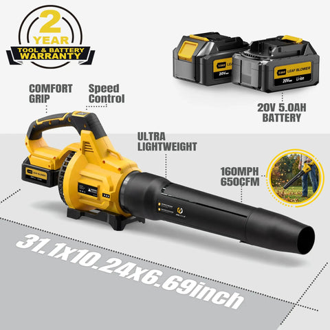 Cordless Leaf Blower 650 CFM With 3 Speed Levels And 1200W Power, Dual 5.0Ah Batteries Included And Fast Charger, side view