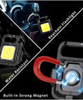 Rechargeable Keychain Flashlight 4 Pack With COB LED Ultra Bright Work Light showing clip and magnet features