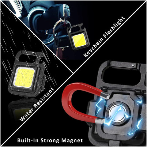 Rechargeable Keychain Flashlight 4 Pack With COB LED Ultra Bright Work Light showing clip and magnet features