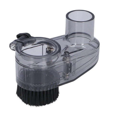 Slick Transparent CNC Router Dust Shoe For 45mm Spindle, clear plastic with vacuum port and nylon brush for sawdust collection.