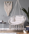 Macrame Hammock Chair With Cushion And Hardware Kit For Indoor And Outdoor Chill Boho Swing Seat For Patio Balcony Porch Or Bedroom Beige Easy To Install Lightweight And Portable For Anywhere