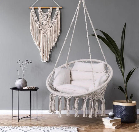Macrame Hammock Chair With Cushion And Hardware Kit For Indoor And Outdoor Chill Boho Swing Seat For Patio Balcony Porch Or Bedroom Beige Easy To Install Lightweight And Portable For Anywhere
