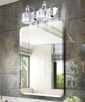 Crystal Vanity Lights Two Light Modern Chrome Sleek Bathroom Vanity Fixture over mirror in stylish bathroom setting