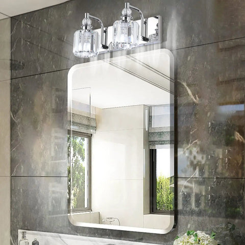 Crystal Vanity Lights Two Light Modern Chrome Sleek Bathroom Vanity Fixture over mirror in stylish bathroom setting