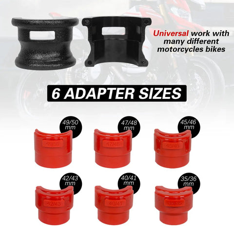 Universal Motorcycle Fork Seal Driver Kit with adapter sizes 35-50 mm, red plastic drivers, black steel bodies, dirt bikes