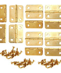 Image showing a Set Of 10 Mini Vintage Rectangle Hinges For Wooden Boxes And Cabinets With Screws Iron Bronze Coated Hardware That Resists Rust Easy To Install Durable Small Cabinet Drawer Hinges. The hinges are gold in color.