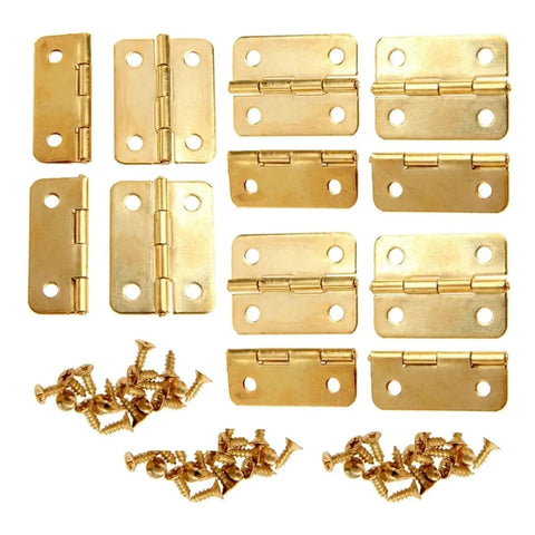 Image showing a Set Of 10 Mini Vintage Rectangle Hinges For Wooden Boxes And Cabinets With Screws Iron Bronze Coated Hardware That Resists Rust Easy To Install Durable Small Cabinet Drawer Hinges. The hinges are gold in color.