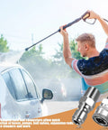 Person using pressure washer with Set Of 4 NPT 3/8 Inch Pressure Washer Quick Connect Couplers with stainless steel fittings inset.