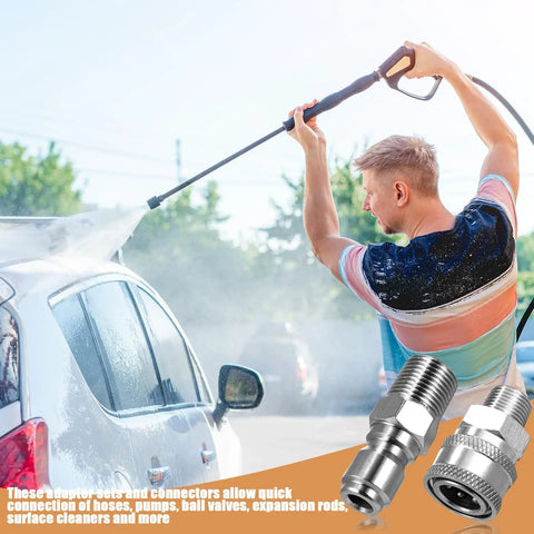 Person using pressure washer with Set Of 4 NPT 3/8 Inch Pressure Washer Quick Connect Couplers with stainless steel fittings inset.