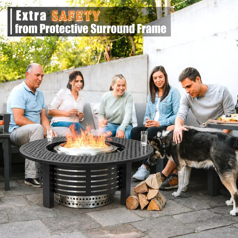 Group enjoying a fire pit surrounded by Fire Pit Surround Tabletop For Bonfire Nights, 37.5 Inch Outdoor Steel Table, outdoor setting