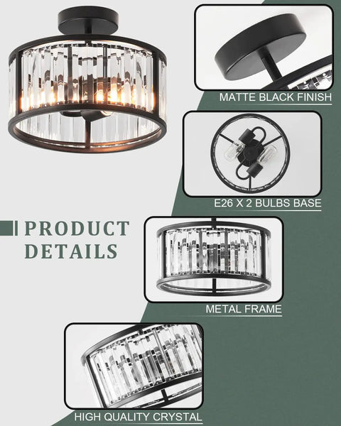 Black Flush Mount Ceiling Light Two Light Crystal Chandelier With Caged Drum Design showcasing matte black finish and crystal prisms.