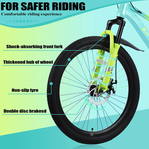 24 Inch Kids Mountain Bike For Boys And Girls Ages 8 To 12 With Front Suspension Fork showcasing disc brakes and tire features