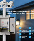 Rock Solid Outdoor Industrial PoE Switch Box With Hot 8 Gigabit Ports And 300W Power Budget For Security Cams And Gear mounted on a pole with cameras.