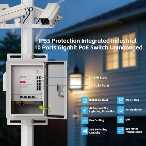 Rock Solid Outdoor Industrial PoE Switch Box With Hot 8 Gigabit Ports And 300W Power Budget For Security Cams And Gear mounted on a pole with cameras.