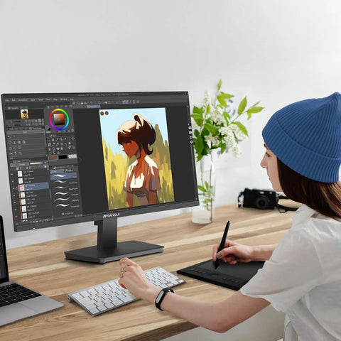 Person using 24 Inch Full HD 100Hz Monitor With HDMI And VGA Ports HDR10 FreeSync Low Blue Light Anti Glare Eye Care Ultra Slim VESA Mount Ergonomic Tilt 5 Degrees To 22 Degrees Game Ready For Home Office And Gaming Cable Included in home office setting.