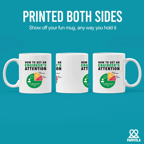 Funny Engineer Attention Mug For Engineers Gift Coffee Cup 11 Oz White Ceramic Novelty Drinkware For Boyfriend Husband Son Daughter Coworker Friend Dad Mom Wife Girlfriend, showing design on both sides.