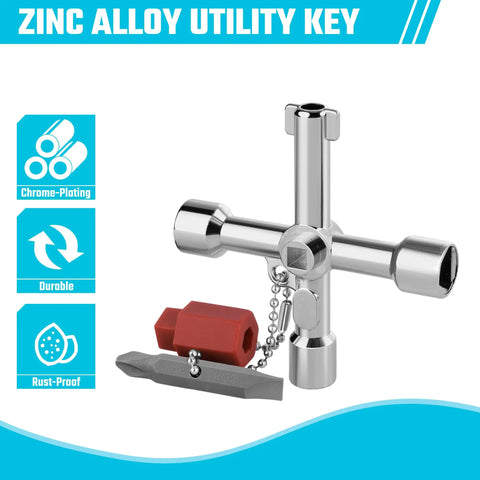 Four Way Sillcock Key With Bit Multi Functional Water Key Cross Key 1 Pack, zinc alloy with chromium coating and bit attachment.