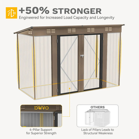9x4ft Large Outdoor Storage Shed Metal Tool Shed with lockable doors and air vent, brown, 4-pillar design for strength
