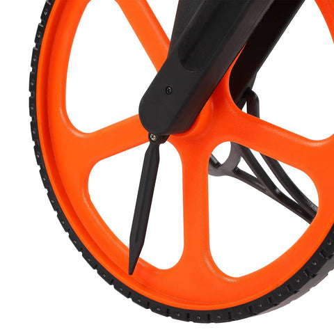 Pissente Hand Measuring Wheel, 0-9999.9ft Mechanical Counter close-up of orange wheel and black handle for accurate measuring.