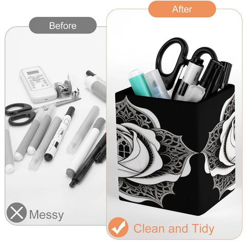 Before and after of desk items organized in a PU Leather Pen Holder Desk Organizer Pencil Cup For Office Supplies with rose design.
