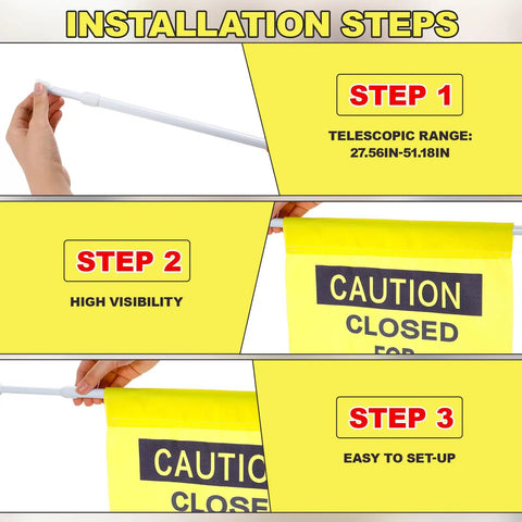 Installation steps for Two Pack Restroom Closed For Maintenance Signs With English And Spanish Doorway Barricade Signs On Adjustable Poles.