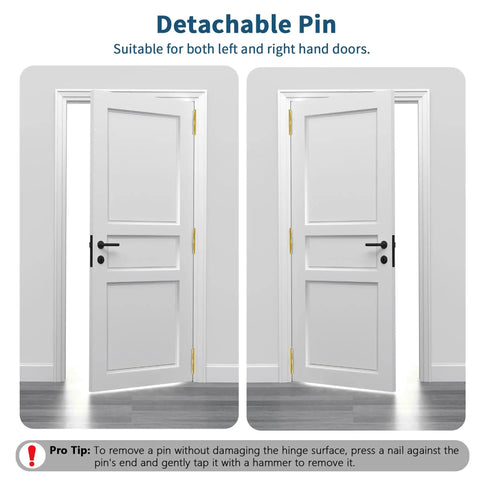 Two open white doors with Three Pack Brushed Gold Exterior Door Hinges Four Inch With Five Eighth Inch Radius And Square Corners Removable Pin