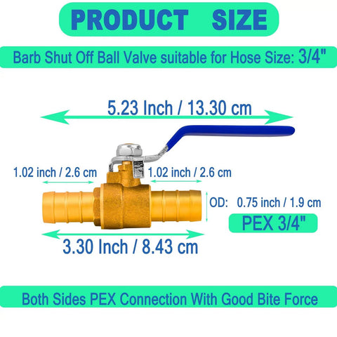 Beefy 2 Pack 3 Quarter Inch Heater Hose Shut Off Ball Valve With Barbed Fittings And Stainless Steel Clamps product dimensions