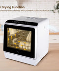 Compact Countertop Dishwasher With Six Wash Cycles And A Built In Five Liter Water Tank Needs Absolutely No Plumbing Hookups displaying air drying function with dishes inside.