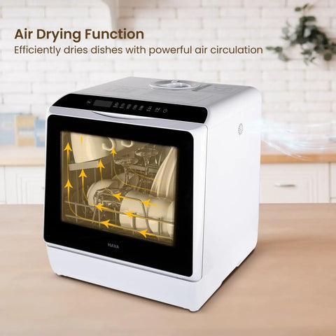 Compact Countertop Dishwasher With Six Wash Cycles And A Built In Five Liter Water Tank Needs Absolutely No Plumbing Hookups displaying air drying function with dishes inside.