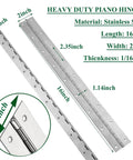 Heavy Duty Piano Hinges Set Of Four, 2 Inch Open Width And 16 Inch Continuous Length, 0.06 Inch Thick Stainless Steel With Pre Drilled Holes