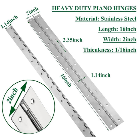 Heavy Duty Piano Hinges Set Of Four, 2 Inch Open Width And 16 Inch Continuous Length, 0.06 Inch Thick Stainless Steel With Pre Drilled Holes