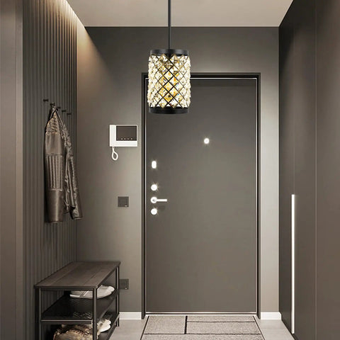 Modern Black Crystal Pendant Lights With 108 Prism Glasses Matte Black Industrial Style 1 Light Hanging Ceiling Lamp in foyer