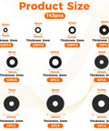 143-Piece Flat Rubber Washers Assortment Kit With 10 Sizes chart from 7mm to 30mm displaying quantities and thickness.