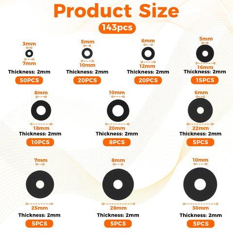143-Piece Flat Rubber Washers Assortment Kit With 10 Sizes chart from 7mm to 30mm displaying quantities and thickness.