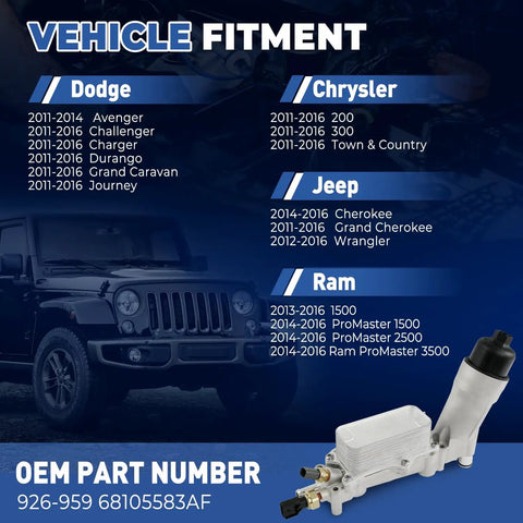 Vehicle fitment guide with Jeep image and Upgraded Aluminum Engine Oil Cooler And Oil Filter Housing For 3 6L V6 Cars 2011 2012 2013 2014 2015 2016 Bolt On Direct Fit For Jeep Grand Cherokee Dodge Challenger Charger Journey Durango Ram 200 300 Town And Country