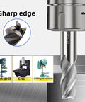 Close-up of Pro Grade HSS Square Nose End Mill Set With 4 Flute Straight Cutters, mounted on CNC machine for precise metal cutting.